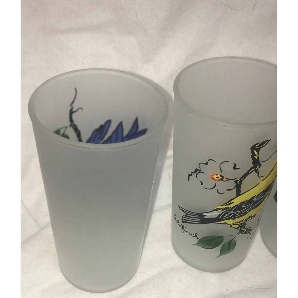 Hazel Atlas Frosted Drinking 5 Glasses Bluebird, 2 Goldfinch's,Cardinal,Oriole